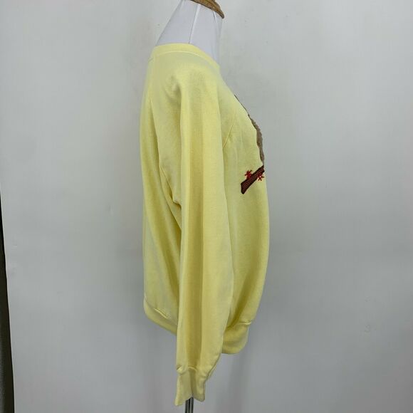 Vintage Owl Chenille Sweater Size L Yellow Long Sleeve Fleece Pullover 80s *READ - Picture 4 of 11